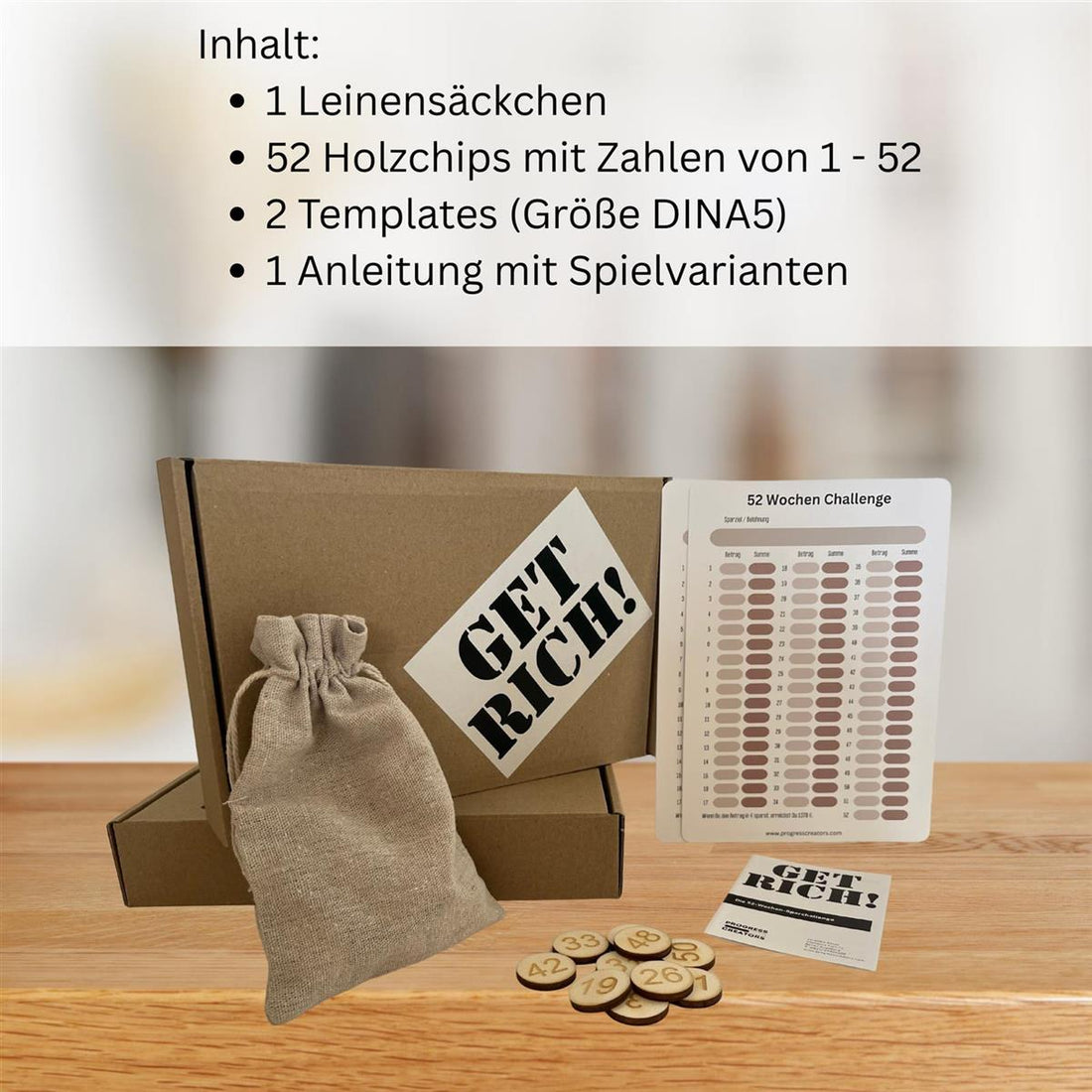 progress creators 52 Wochen Sparchallenge „GET RICH!“ Holzchip-Edition