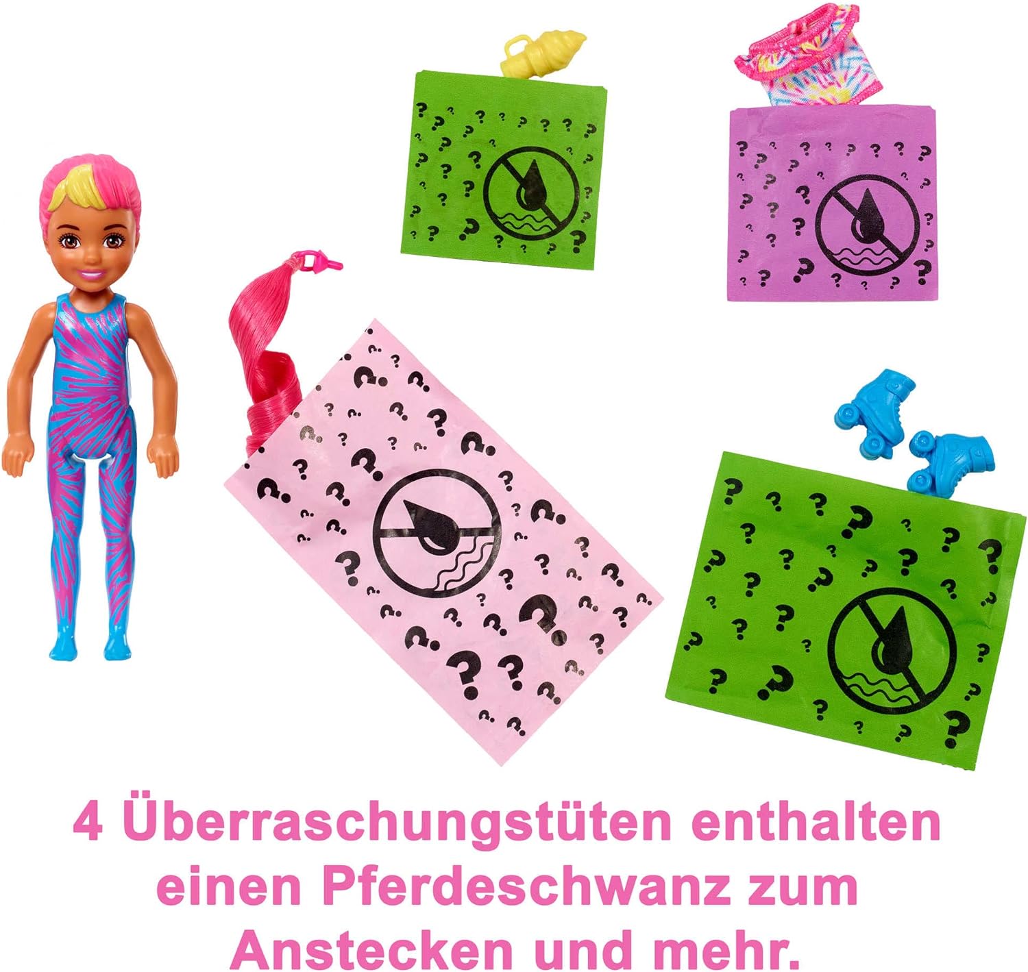 Barbie HCC90 - Chelsea Color Reveal-Puppe mit 6 Überraschungen, Neon Batik-Print und Farbwechsel; Geschenk für Kinder ab 3 Jahren
