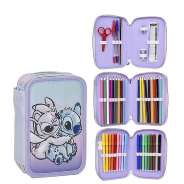 CERDÁ LIFE'S LITTLE MOMENTS Stitch Schulmäppchen für Kinder, Rosa, Reißverschluss, 12,5 x 6,5 x 19,5 cm, Dreifachfach, inklusive Zubehör, Federmäppchen