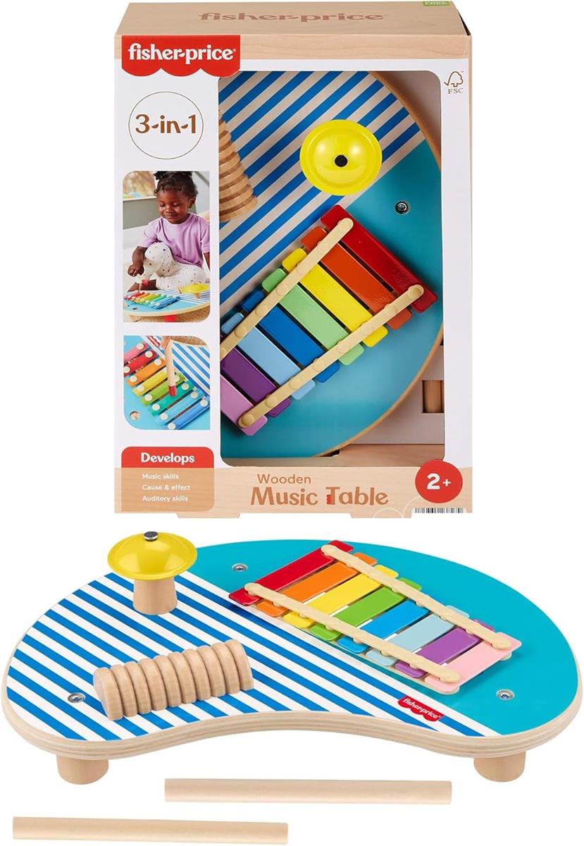Fisher-Price Kleinkinderspielzeug Holz-Musiktisch mit Percussion-Instrumenten, 3 Holzteile für Kinder ab 2 Jahren, HXT91
