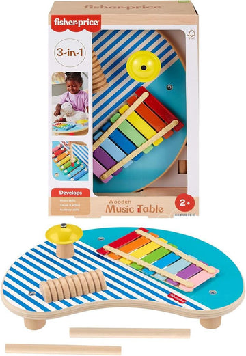Fisher-Price Kleinkinderspielzeug Holz-Musiktisch mit Percussion-Instrumenten, 3 Holzteile für Kinder ab 2 Jahren, HXT91