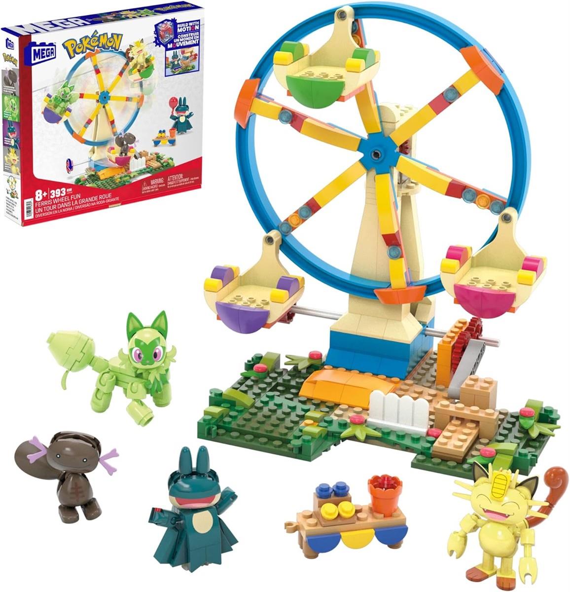 MEGA Pokémon Actionfigur Bauspielzeug, Spaß auf dem Riesenrad mit 393 Teilen und beweglichem Felori, Mampfaxo, Mauzi und Felino, für Kinder, HXF80