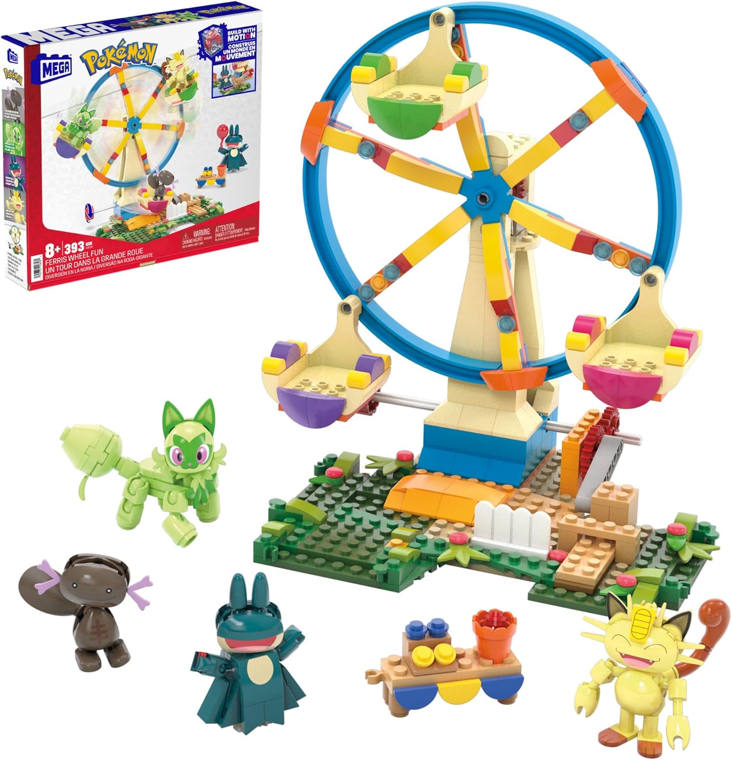 MEGA Pokémon Actionfigur Bauspielzeug, Spaß auf dem Riesenrad mit 393 Teilen und beweglichem Felori, Mampfaxo, Mauzi und Felino, für Kinder, HXF80