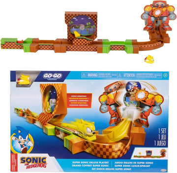 SONIC THE HEDGEHOG Go Go Racers Deluxe Spielset mit Diecast Super Sonic Figur, kombiniert mit dem Sonic Adventure Spielset und Knuckles Adventure Spielset