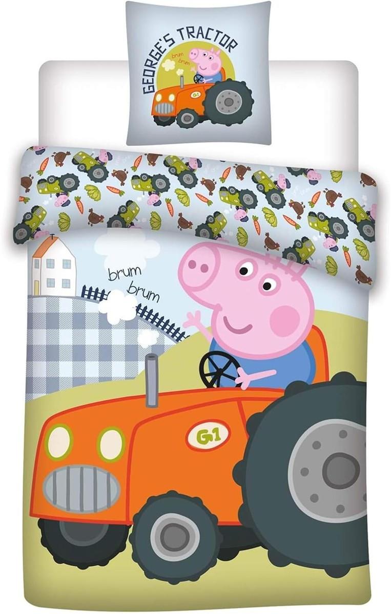 Bettwäsche, Peppa Pig Georges Traktor, wendbare Bettwäsche, Kissenbezug 40 x 60 cm + Bettbezug 100 x 135 cm, 100% Baumwolle