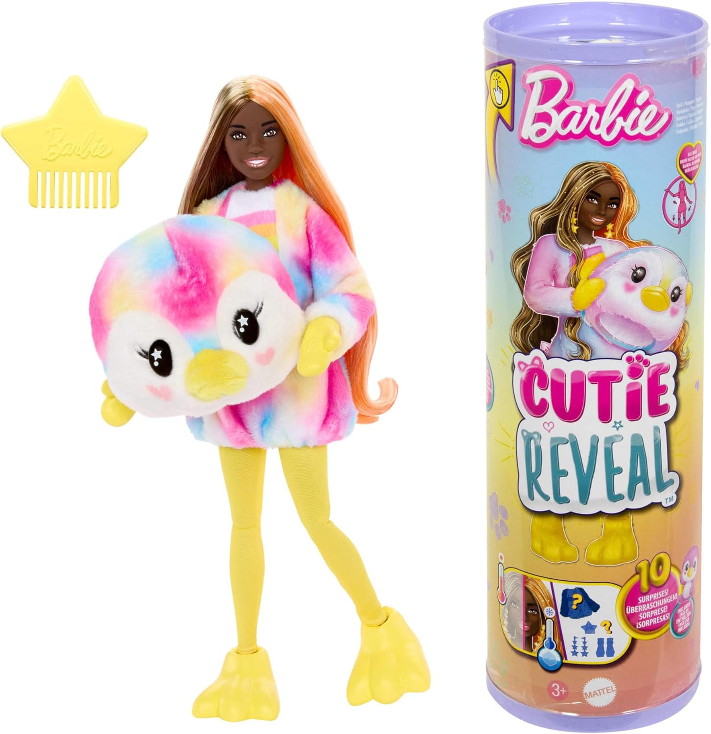 Barbie Cutie Reveal Puppe und Accessoires, Batik-Pinguin-Plüschkostüm und 10 Überraschungen mit Farbwechsel, Color Dream-Reihe, HRK40