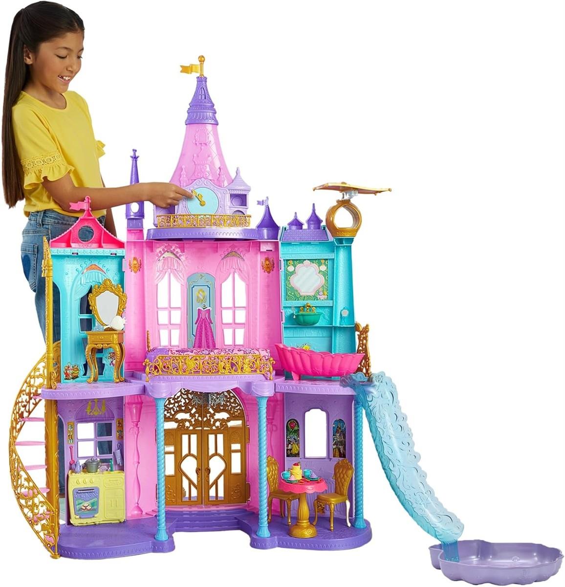 Mattel Disney Prinzessin Puppenhaus, Magisches Schloss, 3 Etagen, 10 Spielbereiche, mit Licht und Geräuscheffekten, inkl. 28 Zubehörteilen, Disney Geschenke, Spielzeug ab 3 Jahre, HLW29