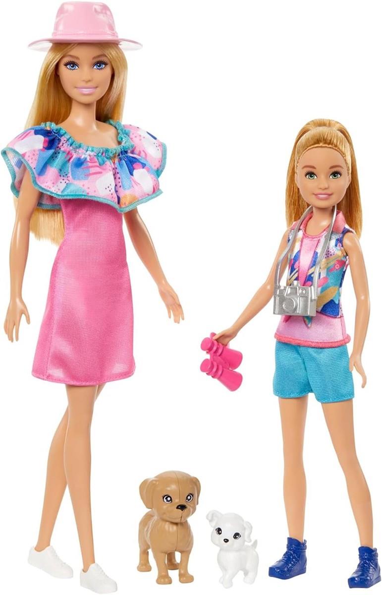Barbie und jüngere Schwester Stacie - Sorgen für Geschwisterabenteuer in sommerlicher Kleidung und Accessoires, inklusive Kamera, Fernglas, Sommerhut und Zwei Hündchen, für Kinder ab 3 Jahren, HRM09