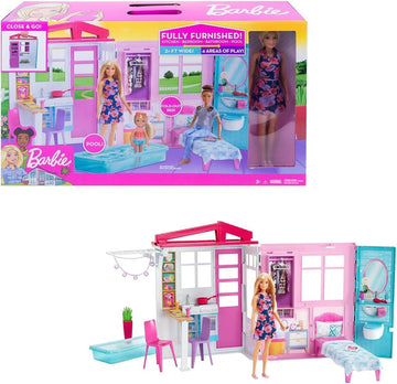 Barbie-Haus mit Küche, Schlafzimmer, Badezimmer, Pool, komplett eingerichtet Möbeln, verschließbar mit Aufbewahrungsgriff, Puppen, Geschenke für Kinder ab 3 Jahren, GWY84