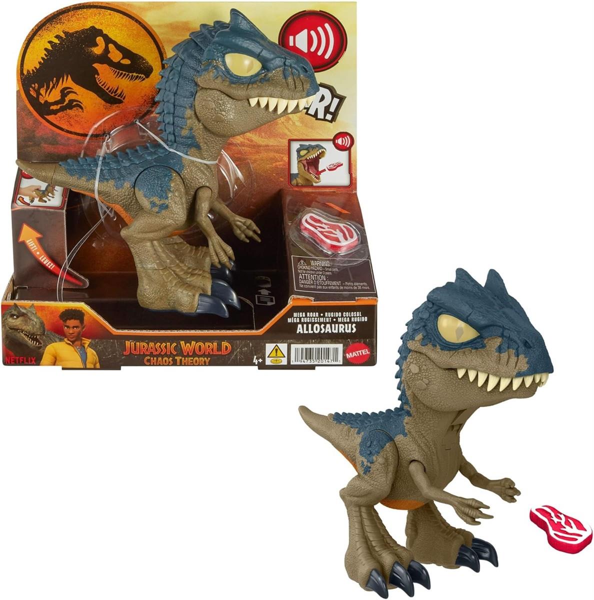 Mattel Jurassic World: Die Chaostheorie Netflix - Chomp Chomp“ Gigantisches Gebrüll Allosaurus Dinosaurier-Spielzeug mit Geräusch und dehnbaren Sehnen am Kiefer, zunehmenden Brüllstufen, HVB45