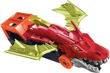Hot Wheels City Spielzeugauto Track-Set, Drachen-Starter-Transporter und Auto im Maßstab 1:64, schießt Fahrzeuge aus Maul des Biests, zur Aufbewahrung von bis zu 5 Fahrzeugen