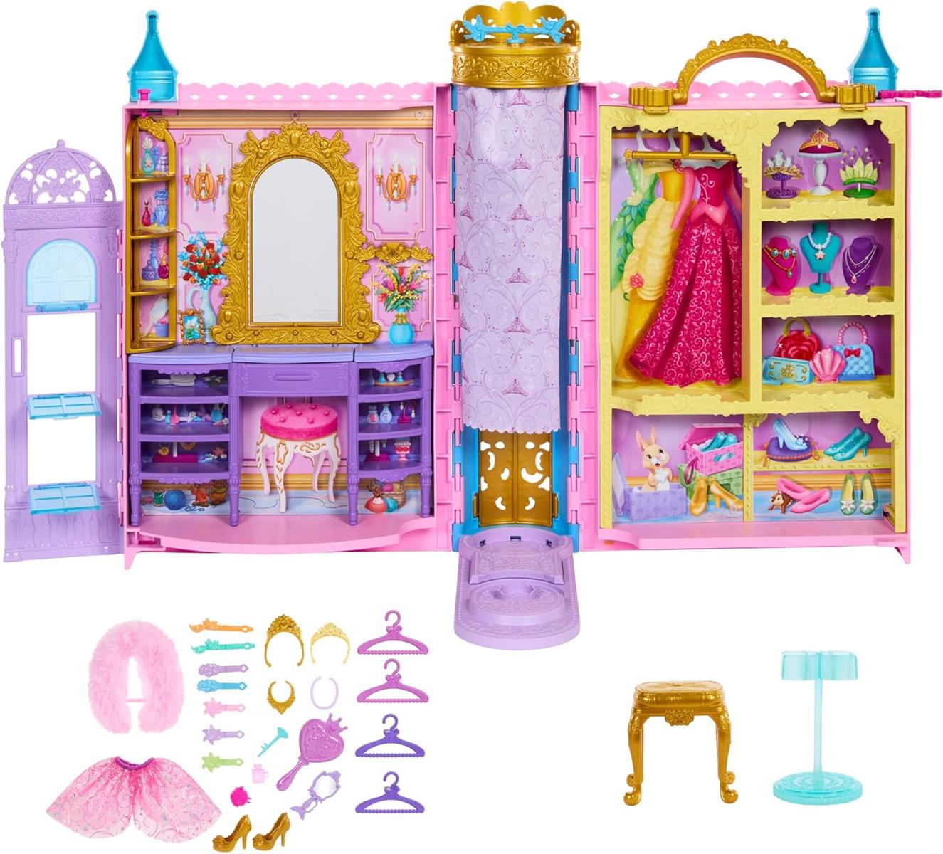Mattel Disney Prinzessin-Schrankspielset mit 2 Kleidungsstücken, 25 Zubehörteilen, Frisiertisch, Ankleidezimmer, Laufsteg und Aufbewahrung, erweiterbar auf bis zu ca. 60 cm, vom Film inspiriert HXC20