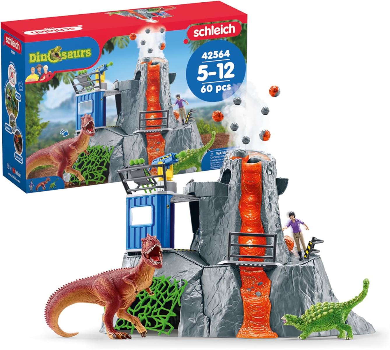 schleich DINOSAURS | Große Vulkan Expedition 42564 | Set inkl. Vulkan mit Ausbruchsfunktion, Yuki, 2 Dino Figuren | tolles Geschenk für Mädchen und Jungen | Dinosaurier Spielzeug ab 3 Jahre | 60 Teile