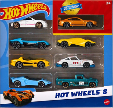 Hot Wheels, Set mit 8 Basic-Spielzeugautos und -Trucks im Maßstab 1:64, inklusive 1 exklusivem Fahrzeug, im Laufe des Jahres erschienen Verschiedene Sortimente, Stil kann abweichen, HPV78