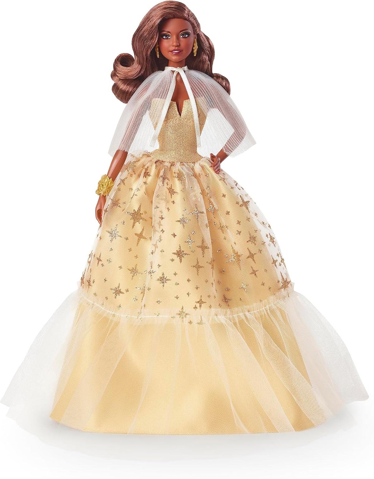 Barbie Signature - 2023 Holiday Puppe 35. Jubiläumsedition mit goldenem Kleid und dunkelbraunes Haar, Echtheitszertifikat, saisonales Sammlergeschenk für Kinder ab 6 Jahren, HJX05