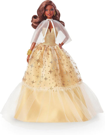 Barbie Signature - 2023 Holiday Puppe 35. Jubiläumsedition mit goldenem Kleid und dunkelbraunes Haar, Echtheitszertifikat, saisonales Sammlergeschenk für Kinder ab 6 Jahren, HJX05