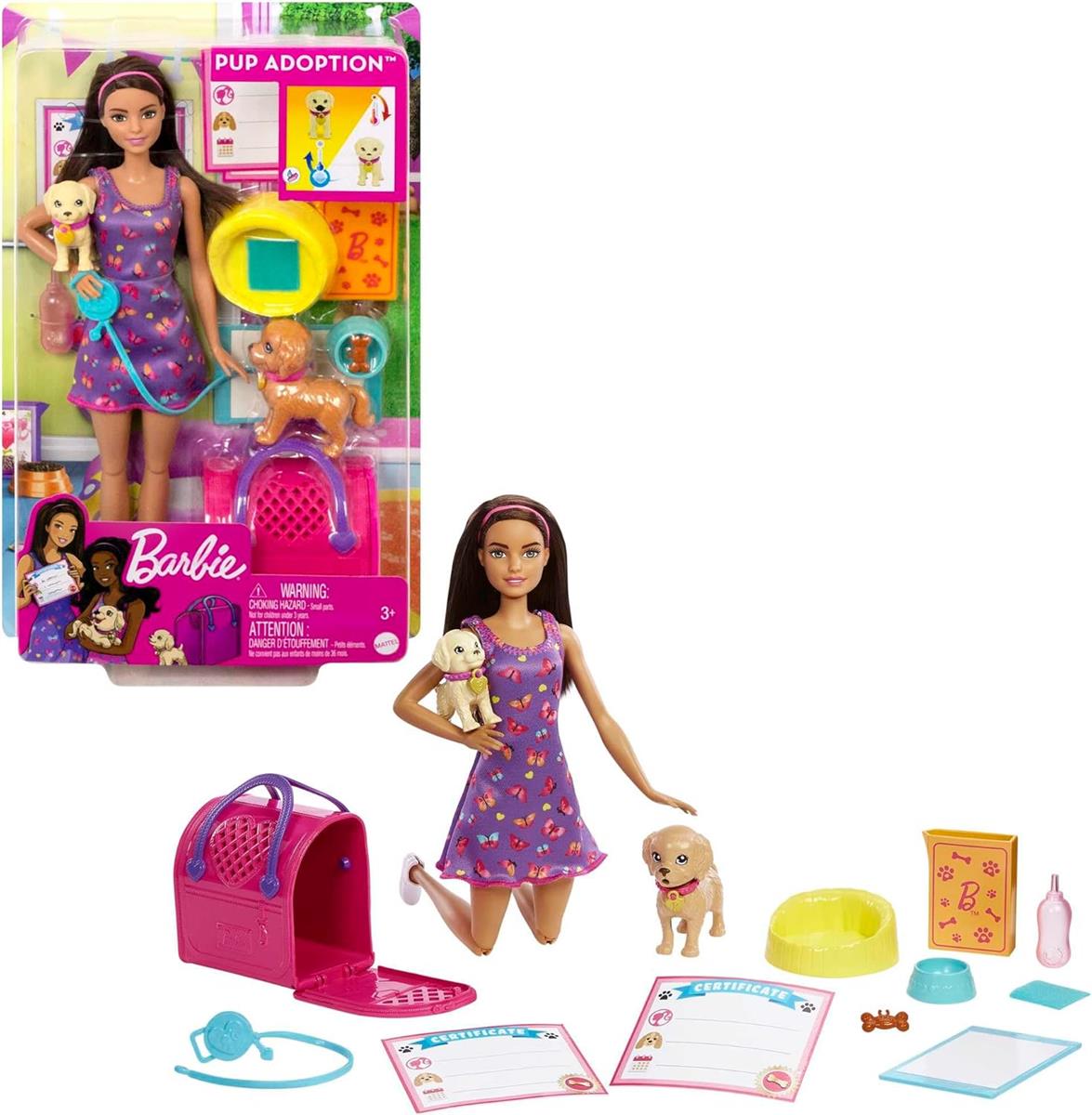 Barbie Welpenadoption Puppe und 2 Welpen mit Adoptionszertifikate Farbwechseleffekt Transportbox + Zubehör für Kinder ab 3 Jahren, HKD86