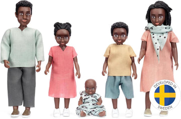 Lundby Puppen für Puppenhaus-Familie – dunkelhäutige Puppenfamilie Billie – Biegepuppen – Zubehör & Figuren – Maßstab 1:18