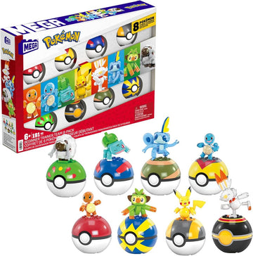MEGA Pokémon Trainerteam - Pikachu, Bisasam, Glumanda, Schiggy, Hopplo, Chimpep, Memmeon und Wolly und 8 Pokébällen zum Ausstellen, für Kinder ab 6 Jahren, HTJ75