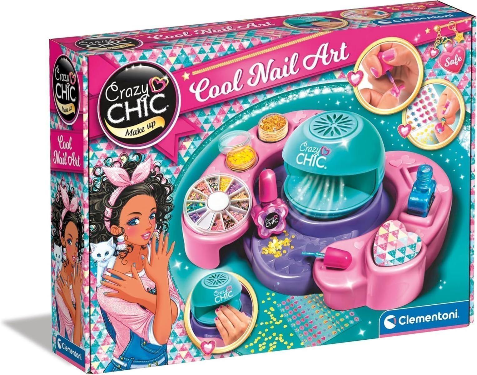 Clementoni Crazy Chic Cool Nail Art - DIY Nageldesign-Set für Kinder ab 6 Jahren - Kreativ-Spielzeug inkl. Nagellacke, Sticker, Glitzer & Nageltrockner 18599