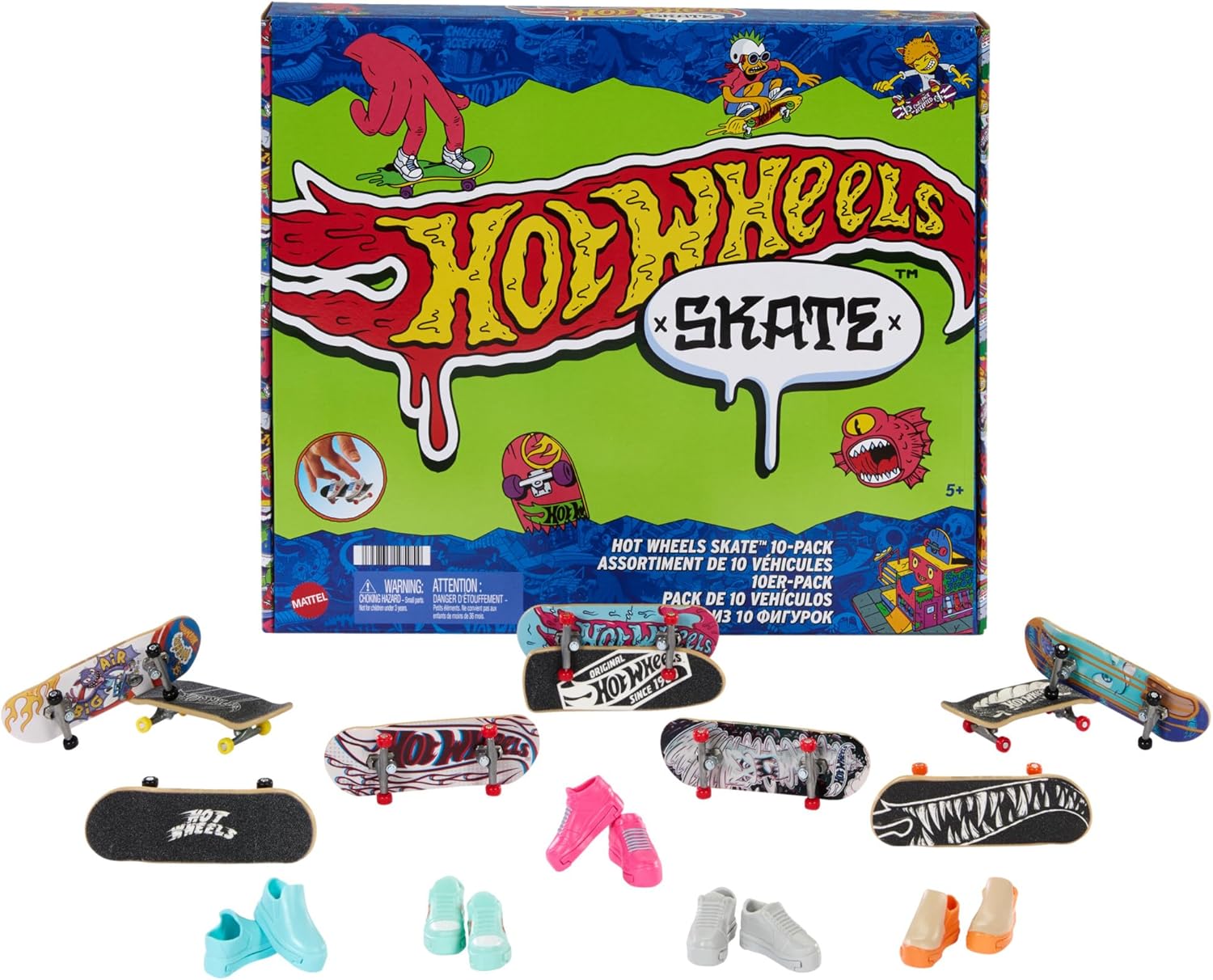 Hot Wheels Skate-Fingerboards 10er-Pack, Set aus 10 Finger-Skateboards mit 5 Paar abnehmbaren Skateboard-Schuhen im Hot Wheels Design, HTP59