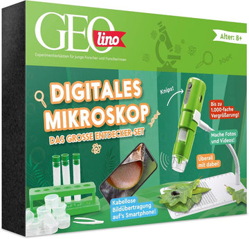 FRANZIS 67184 - GEOLINO Digitales Mikroskop, das große Entdecker-Set mit Experimentierideen für drinnen und draußen für Kinder ab 8 Jahren, inkl. 96-seitigem Begleitbuch