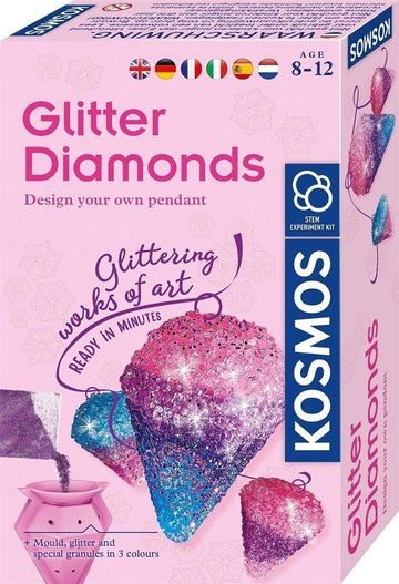 KOSMOS 616946 Glitzer-Diamanten, Funkelnde Schmuck-Anhänger gestalten, mit Gießformen, Schmuckbändern, Glitzer, Granulat in 3 Farben, Experimentierset für Kinder von 8-12 Jahren, Multisprache