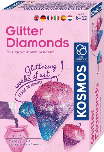 KOSMOS 616946 Glitzer-Diamanten, Funkelnde Schmuck-Anhänger gestalten, mit Gießformen, Schmuckbändern, Glitzer, Granulat in 3 Farben, Experimentierset für Kinder von 8-12 Jahren, Multisprache