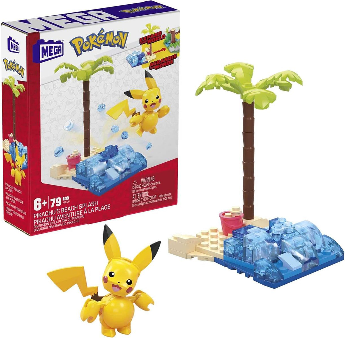 MEGA HDL76 - Pokémon Pikachus Strandtag Bauset mit 79 kompatiblen Bausteinen und Teilen zum Verbinden mit anderen Welten, Konstruktionsspielzeug, Spielzeug-Geschenkset für Kinder ab 7 Jahren