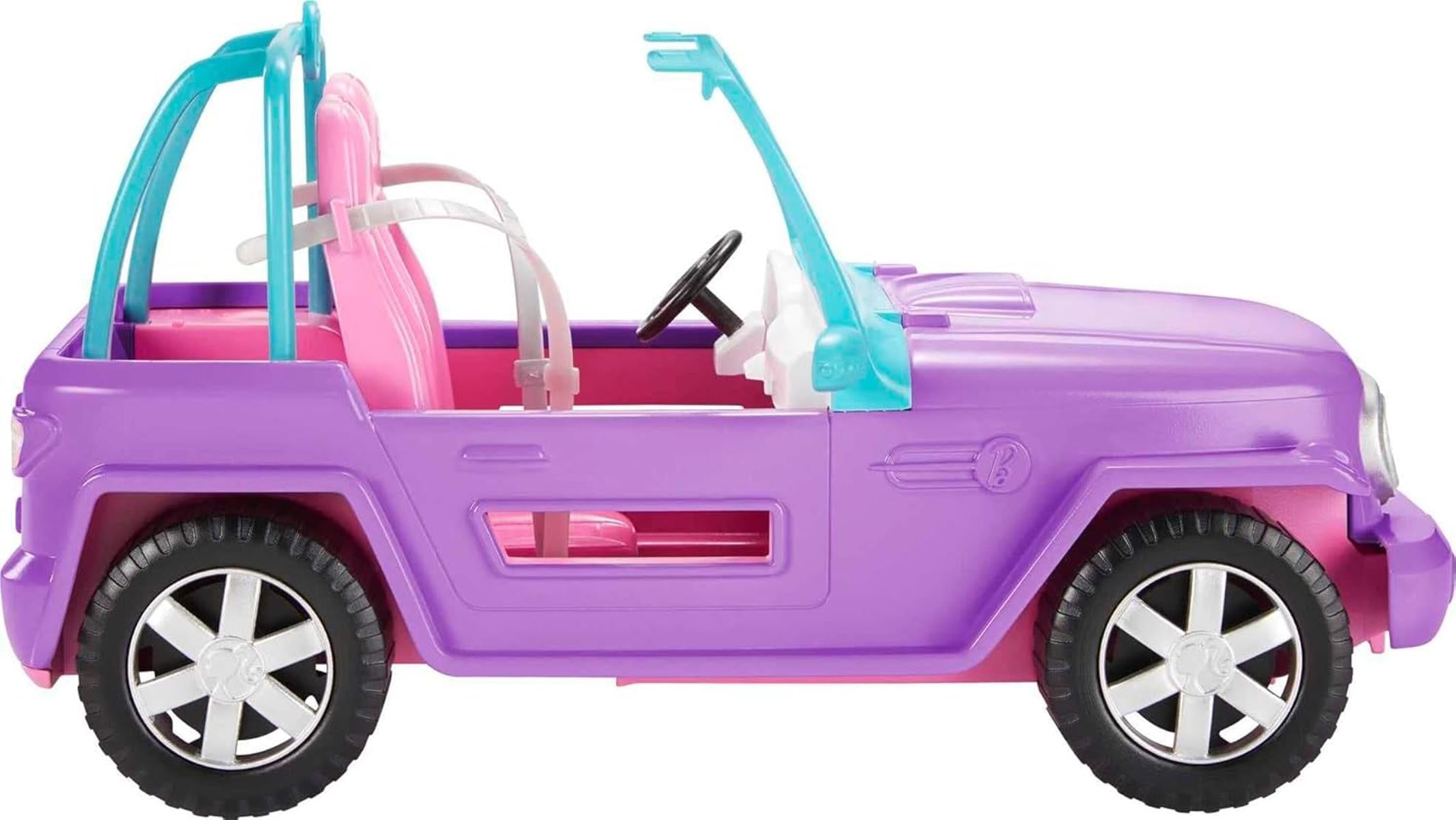 Barbie Jeep, Convertible Jeep, lila Jeep mit beweglichen Rädern, rosa Innenausstattung, Sicherheitsgurt, Barbiepuppe Nicht enthalten, Geschenk für Kinder, Spielzeug ab 3 Jahre,GMT46