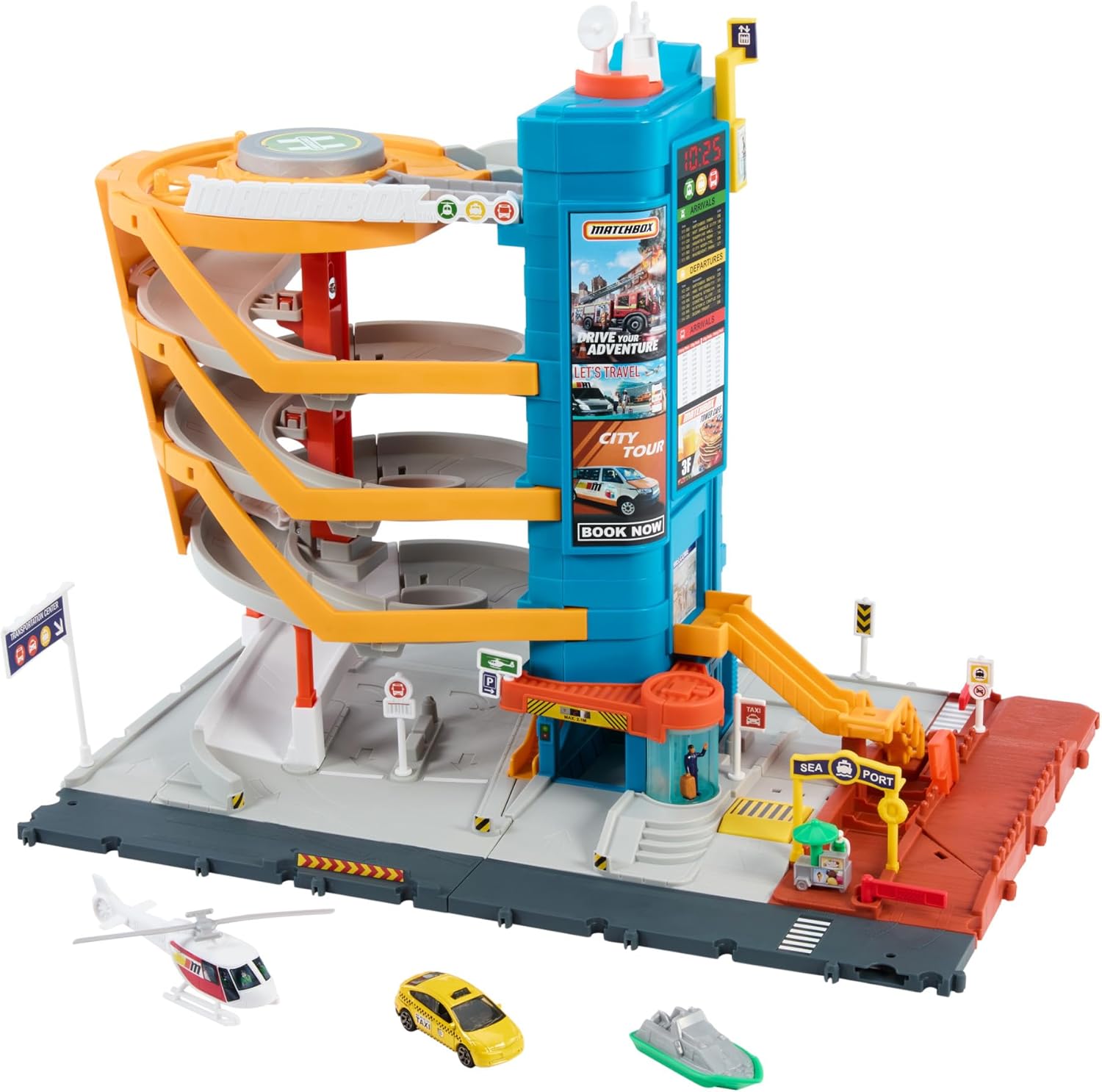 Matchbox Spielzeugautos und Spielset, Transport-Center mit 5 Etagen, von Kindern und Autos aktivierbare Funktionen, enthält Taxi, Boot und Hubschrauber im Maßstab 1:64 sowie Essensverkäufer-Accessoire