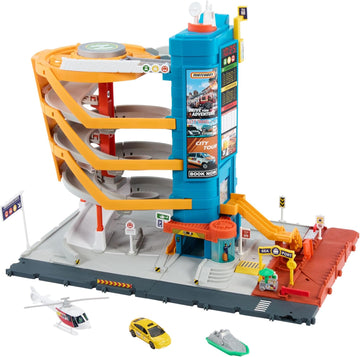 Matchbox Spielzeugautos und Spielset, Transport-Center mit 5 Etagen, von Kindern und Autos aktivierbare Funktionen, enthält Taxi, Boot und Hubschrauber im Maßstab 1:64 sowie Essensverkäufer-Accessoire
