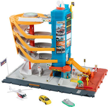 Matchbox Spielzeugautos und Spielset, Transport-Center mit 5 Etagen, von Kindern und Autos aktivierbare Funktionen, enthält Taxi, Boot und Hubschrauber im Maßstab 1:64 sowie Essensverkäufer-Accessoire