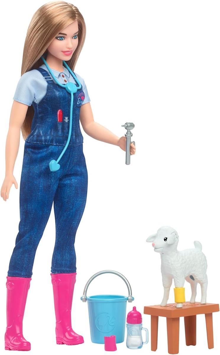 Barbie Puppe zum 65. Jubiläum und 10 Zubehörteile, Hoftierärztin-Set mit Blonder Tierärztin-Puppe, Lamm mit bewegbaren Ohren und mehr, HRG42