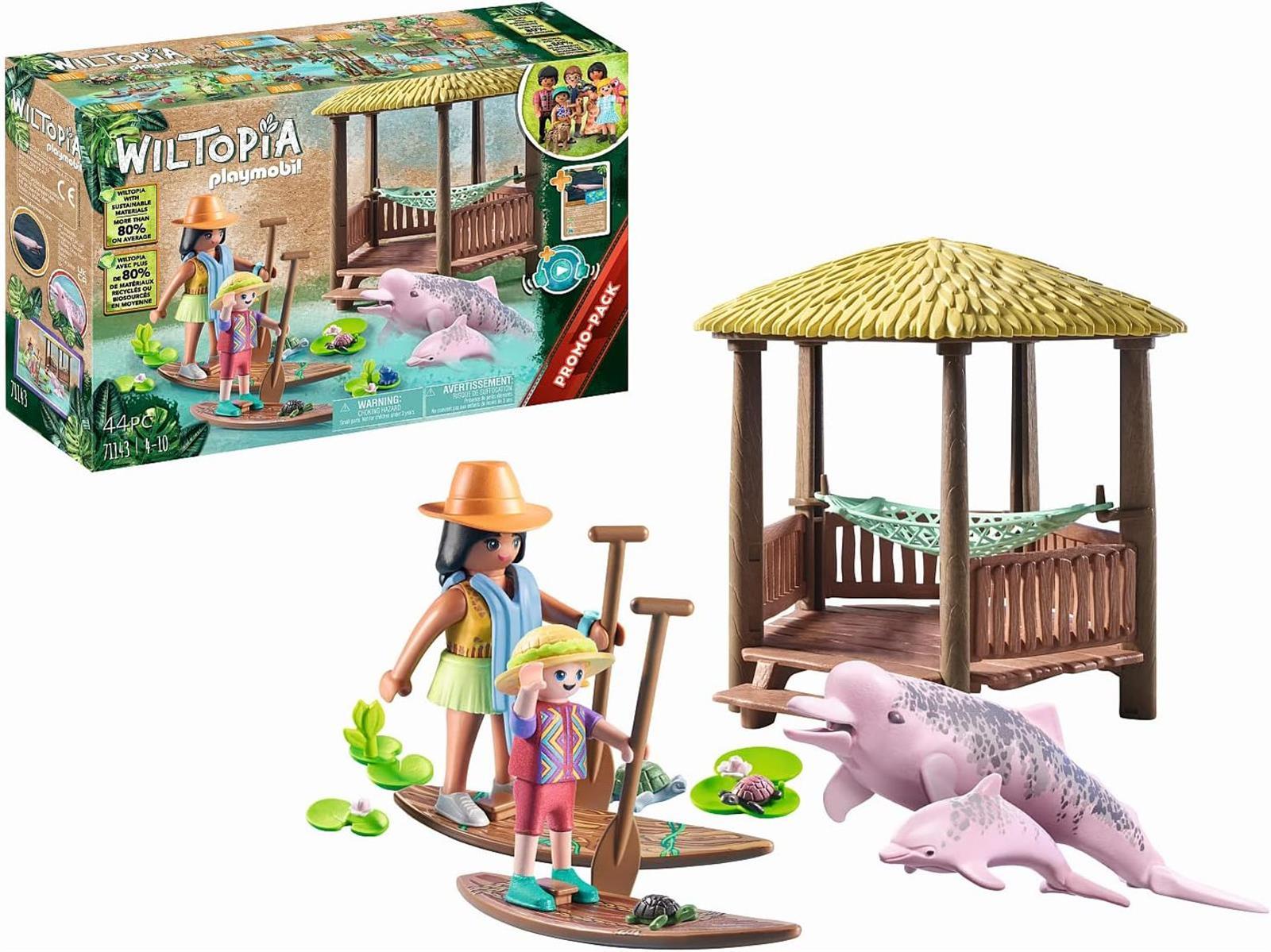 PLAYMOBIL Wiltopia 71143 Paddeltour mit den Flussdelfinen, Inkl. Strandhütte mit Hängematte, Wildlife Expedition für die kleinen Hobbyforscher, Nachhaltiges Spielzeug für Kinder ab 4 Jahren