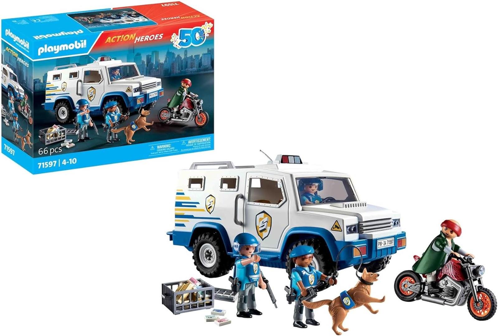 PLAYMOBIL Action Heroes 71597 Geldtransporter, spannende Ganovenjagd, inklusive DREI Polizisten, einem Ganoven auf einem Motorrad und einem Polizeihund, actionreiches Spielzeug für Kinder ab 4 Jahren