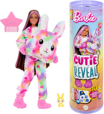 Barbie Cutie Reveal Puppe und Accessoires, Batik-Häschen-Plüschkostüm und 10 Überraschungen mit Farbwechsel, Color Dream-Reihe, HRK38