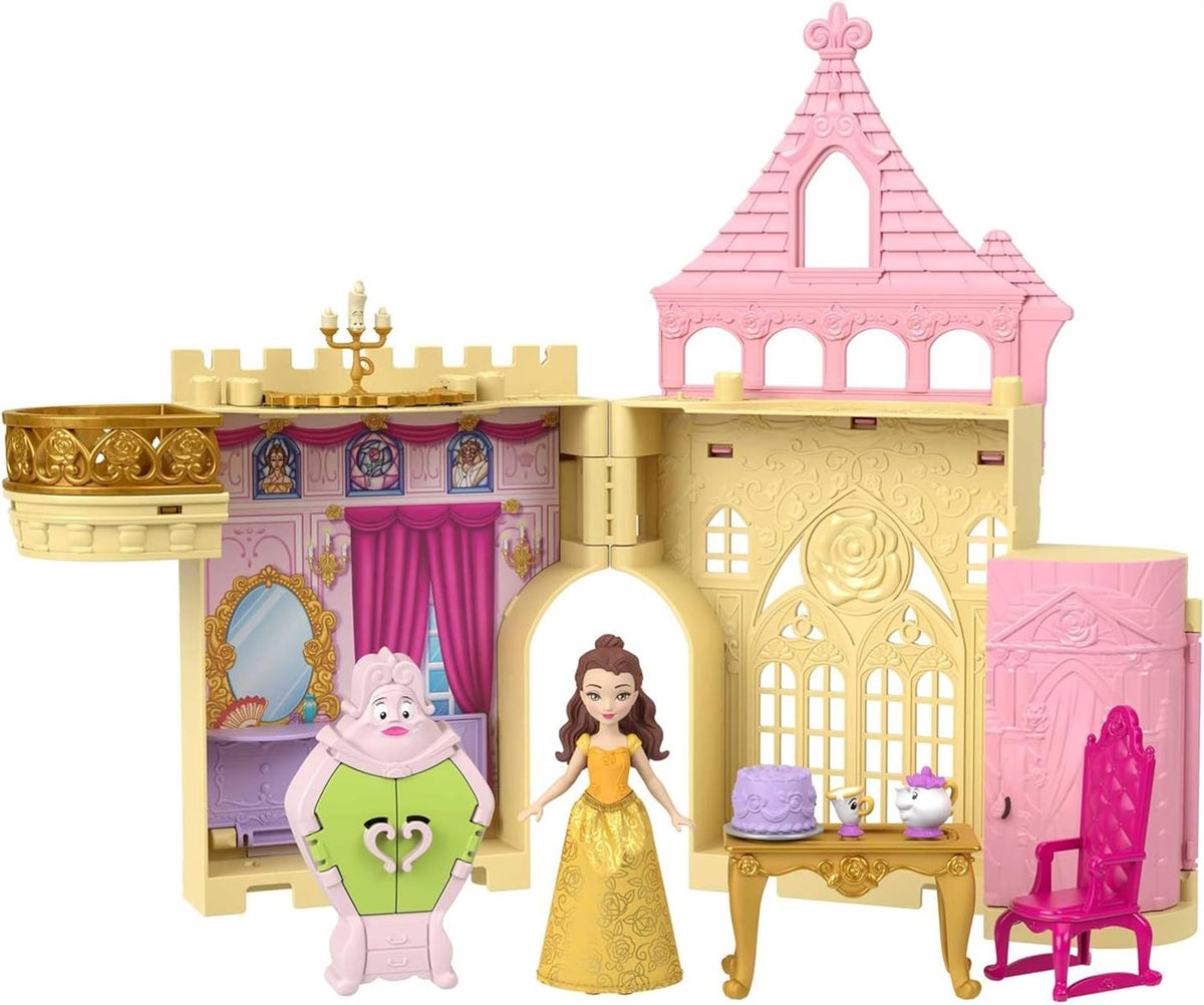 Mattel Disney Prinzessin-Spielzeug Belles Stapelschloss Puppenhaus-Spielset mit kleiner Puppe und 9 Teilen inspiriert von dem Disney-Film Reisespielzeug und Geschenke für Kinder JDP54