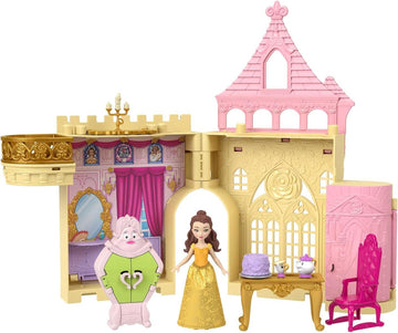 Mattel Disney Prinzessin-Spielzeug Belles Stapelschloss Puppenhaus-Spielset mit kleiner Puppe und 9 Teilen inspiriert von dem Disney-Film Reisespielzeug und Geschenke für Kinder JDP54