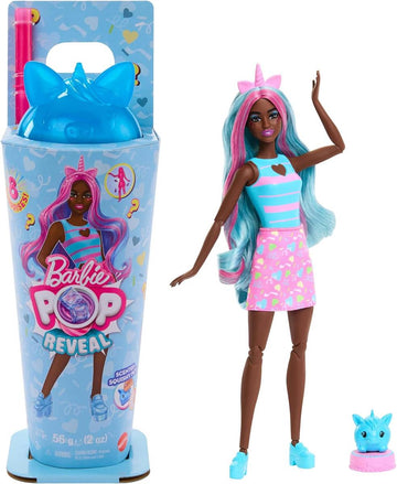Barbie Pop Reveal Set aus Puppe und Accessoires, Shakes-Serie, duftende Einhorn-Modepuppe & Haustier, 8 Überraschungen inklusive Farbwechsel, JCN86