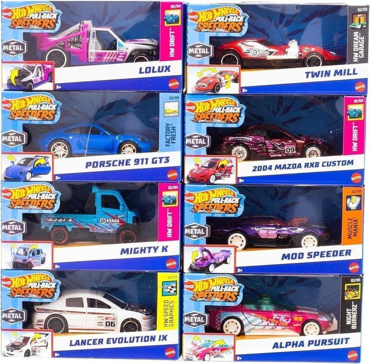 Hot Wheels Pull-Back Speeders Spielzeugauto im Maßstab 1:43, Auto zum Zurückziehen und Loslassen, mit Rolomatic-Motor oder Tür, Kofferraum oder Motorhaube zum Öffnen, Modelle können variieren, HPR70
