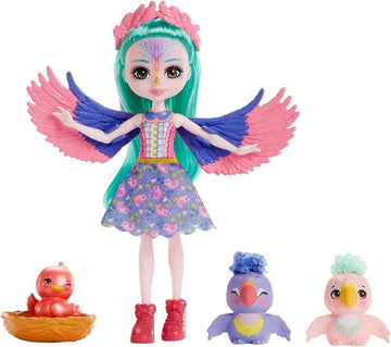 Enchantimals Puppen | City Tails Puppe Filia Finch, Tierfreund Tropic und 2 Vogelfiguren, Kleine Puppe mit abnehmbarem Rock und Zubehör, Geschenke für Kinder, HKN15