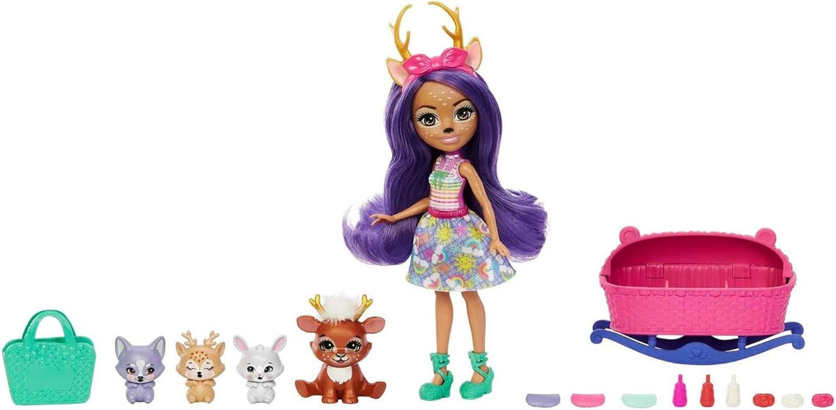 Enchantimals Baby Best Friends - Danessa Deer und Sprint Puppe mit 12 Überraschungen in jeder Box, 9 Baby-Zubehörteile, Babytragesitz und Wickeltasche, für magischen Sammelspaß, HLK84