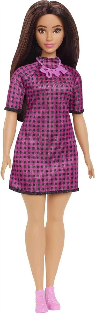 Barbie Fashionistas Puppe, Langen braunen Haaren, Kariertes Kleid, Liebeskette, rosa Schuhe, inkl. Barbiepuppe, Geschenk für Kinder, Spielzeug ab 3 Jahre,HBV20