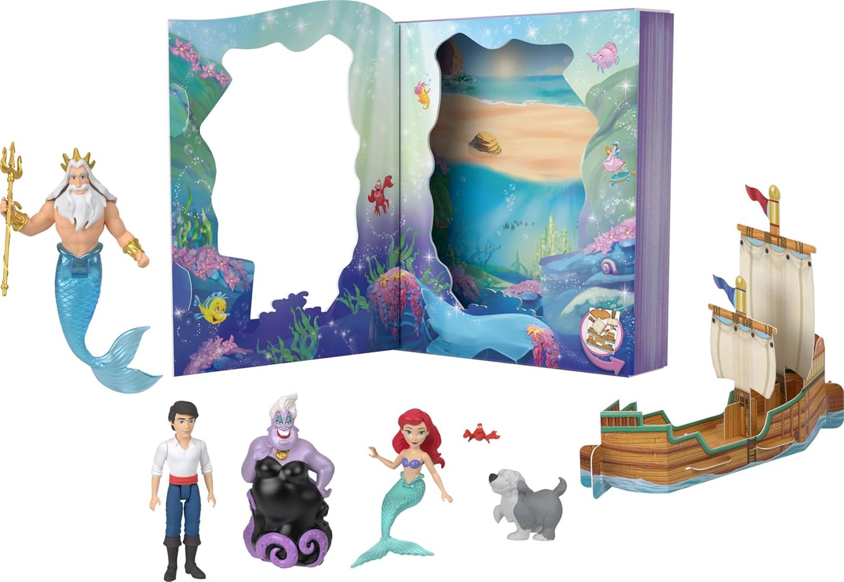 Mattel Disney Princess Toys, Arielle Mermaid Doll Story Set mit 4 kleinen Puppen, 2 Tierfiguren & 1 Zubehör, inspiriert von Disney Die kleine Meerjungfrau