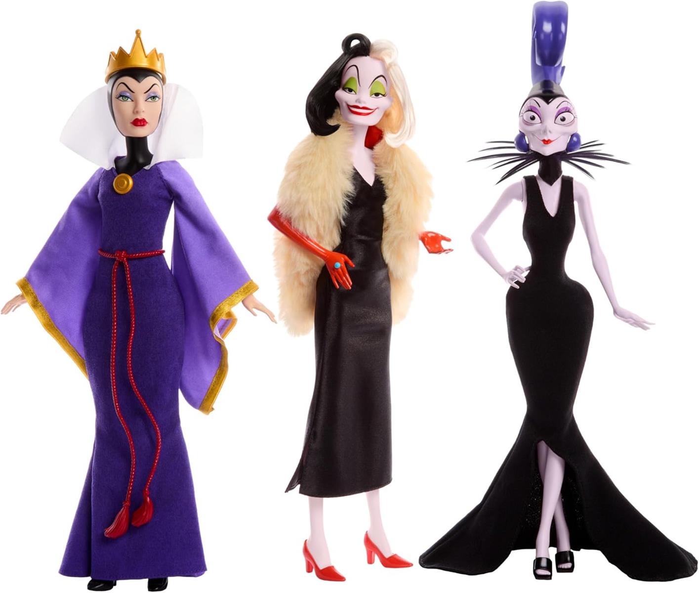 Mattel DISNEY Villains Böse Königin, Cruella de Vil & Yzma - Legendäre Schurkinnen Set mit detailreiche Outfits & Accessoires, für Sammler & Kinder, ab 3 Jahren, HRF56