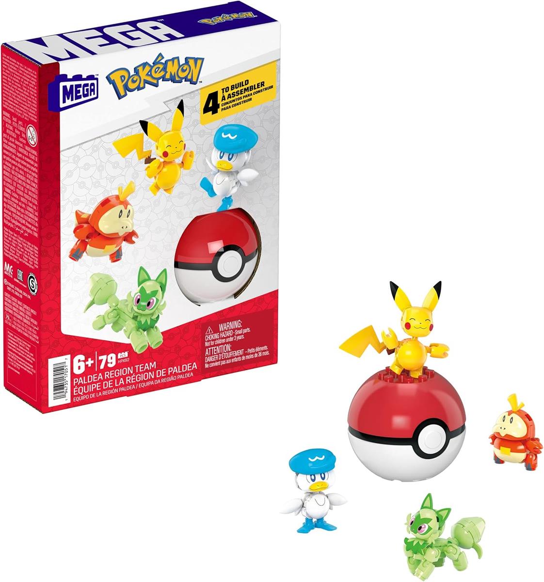 MEGA POKÉMON Paldea-Region - Pikachu und die ersten Partner-Pokémon Felori, Krokel und Kwaks, Zusammenbaubares und bewegliches Set mit 4 Figuren und 1 Pokéball zum Ausstellen, HPX92
