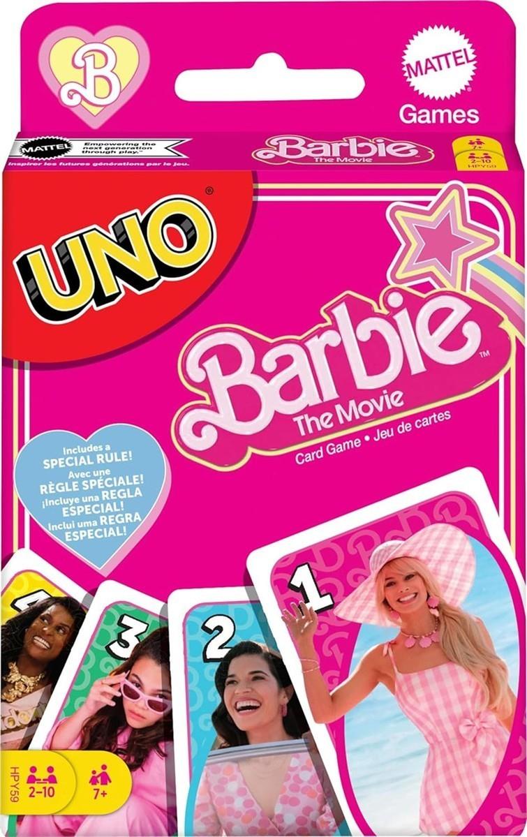 Barbie The Movie - UNO Kartenspiel für Filme Fans mit Lieblingscharakteren und unvergesslichen Szenen, Sonderregel Zu viel gespielt, für 2-10 Spieler ab 7 Jahren, HPY59