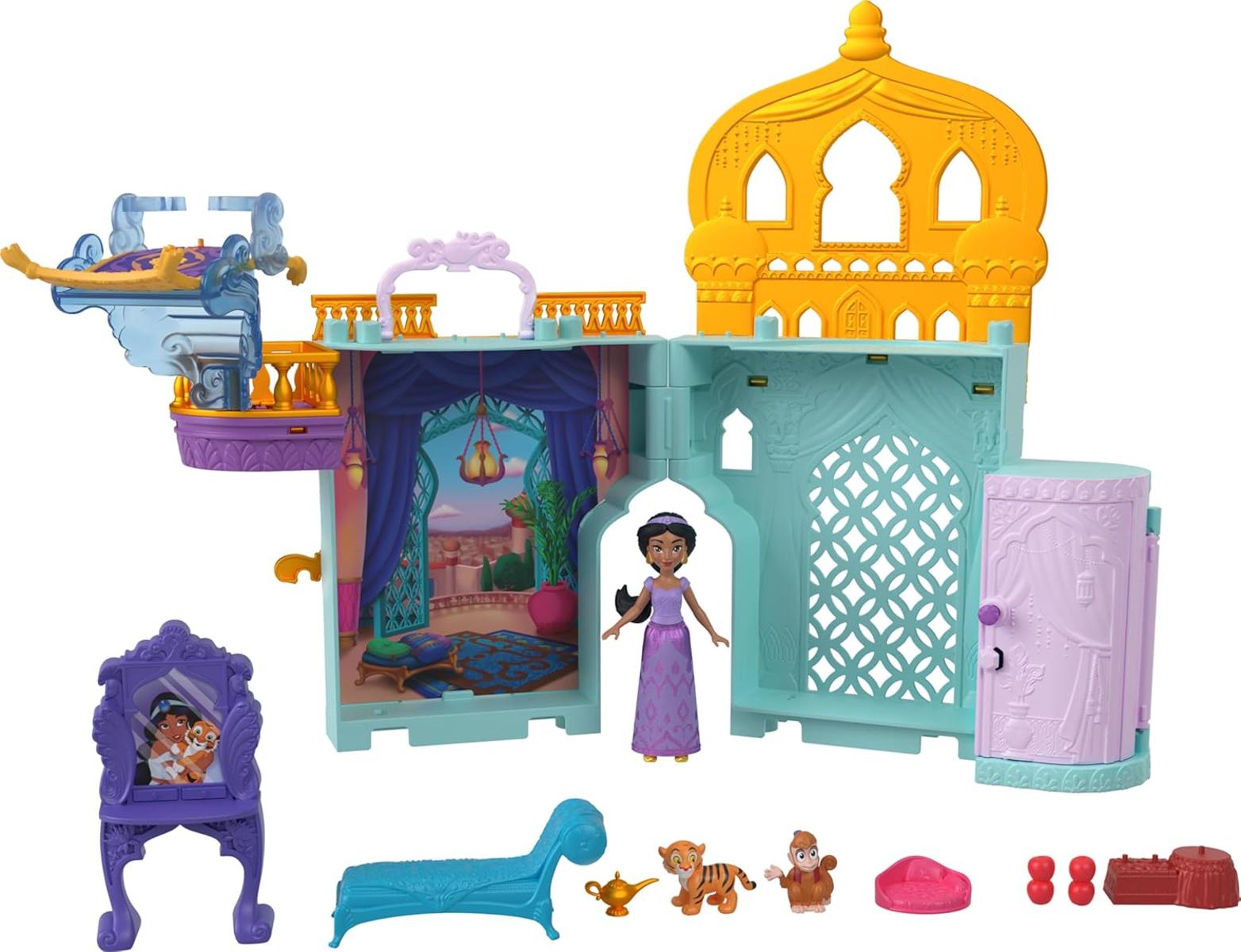 Mattel Disney Prinzessin Jasmins Stapelschloss Puppenhaus-Spielset mit kleiner Puppe, 2 Freunden und 8 Teilen, inspiriert vom Disney-Film Aladdin“, JDP56