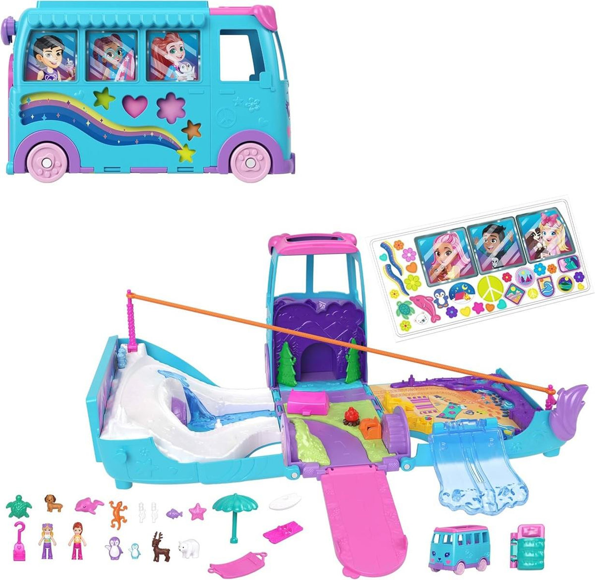 Polly Pocket-Mikropuppen und umwandelbarer Camper, mit Accessoires wie Haustieren und Spielzeugauto, mobiles Haustier-Abenteuer-Spielset, JCC22